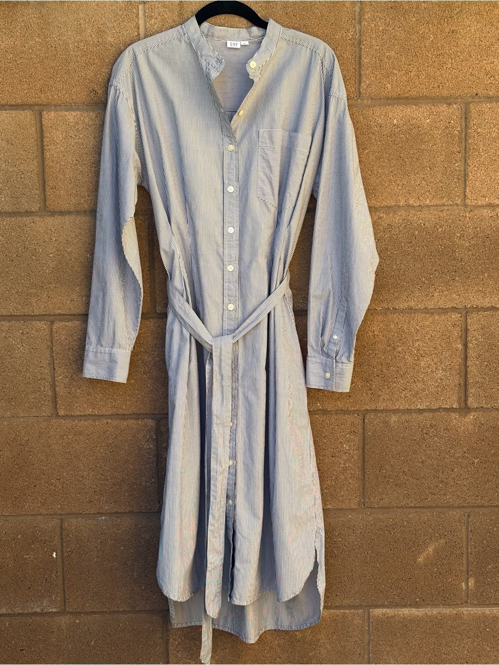 GAP Blue White Striped Button-Front Shirt Dress with Cinched Waist and Tie